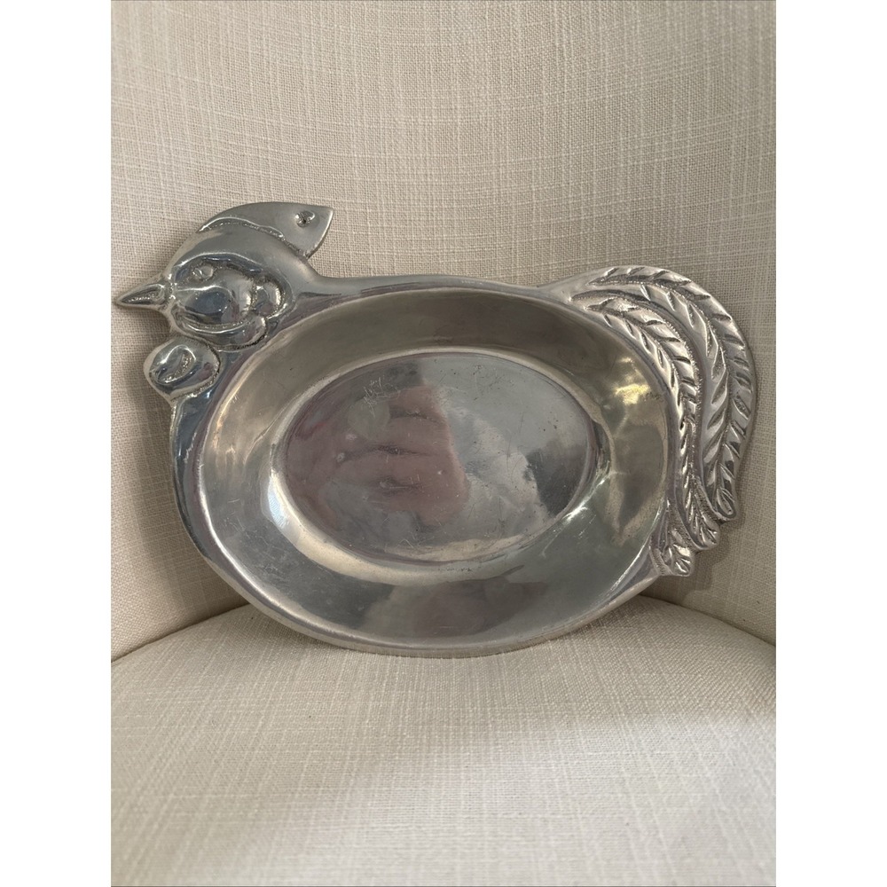 Cast Aluminum Chicken Serving Bowl Hen Romex Silver CandyDish Bread Bowl Trinket